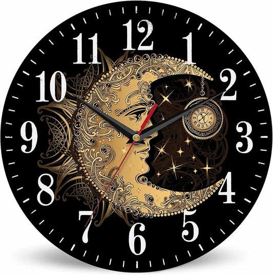 Mxocom Crescent Moon Wall Clock Boho Chic Golden Sun Ethnic Retro Night Black by Mxocom