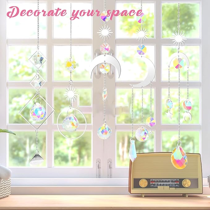 ilclviz DIY Suncatcher Making Kits Colorful Suncatcher Crystals Kit Supplies for Adults 200pcs DIY Suncatcher Prism Kit for Indoor Outdoor Window Hanging Garden Decor (Silver)