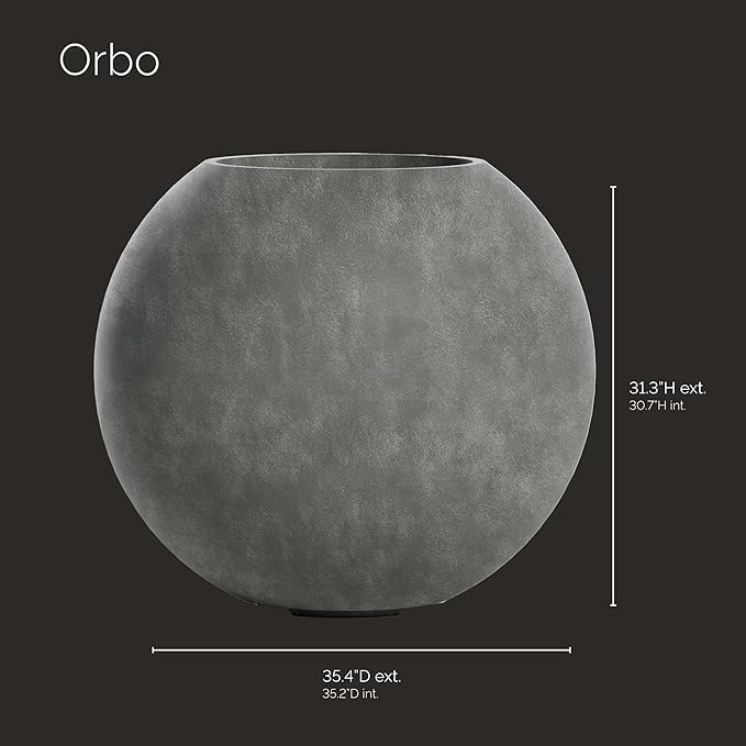 Orbo Large Planter – Fiberglass Indoor/Outdoor and Weather-Resistant Globe Planter (Grey Stone, 35.4" D x 31.3" H)