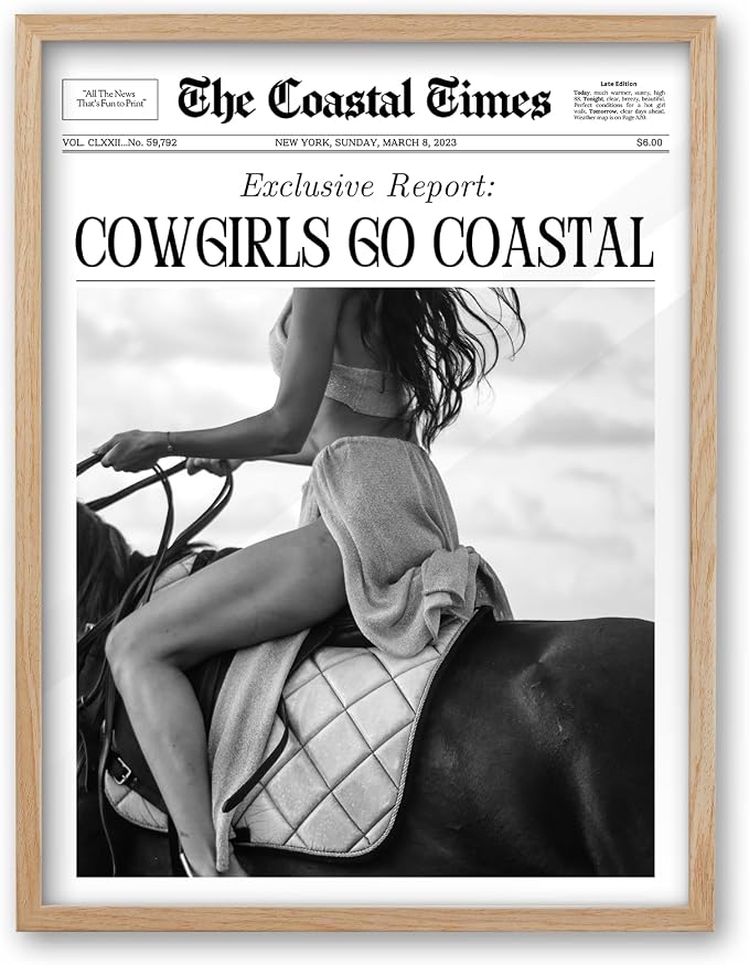 iHery Cowgirls Go Coastal Small Framed NewsPaper Canvas Wall Art, Natural OAK by iHery