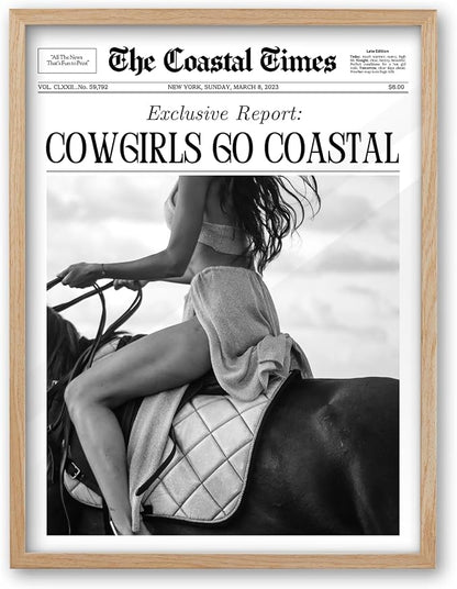 iHery Cowgirls Go Coastal Small Framed NewsPaper Canvas Wall Art, Natural OAK by iHery