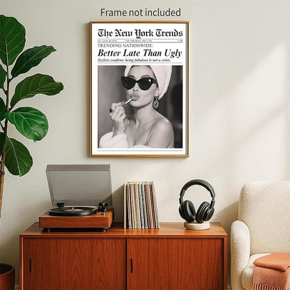 Trendy Newspaper Posters Better Late Than Ugly Wall Art Vintage Black And White - Image 3