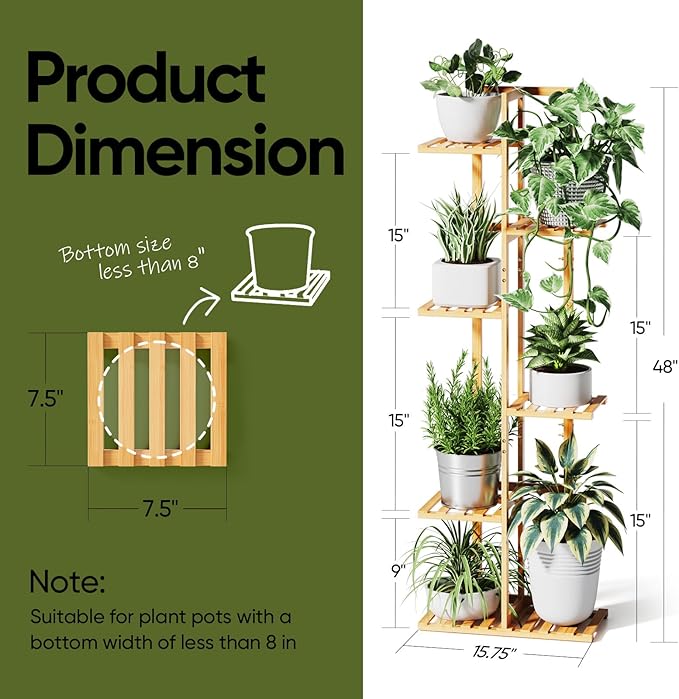 ROSSNY Plant Stand Indoor, 6 Tier 7 Potted Bamboo Plant Stands for Indoor Plants, Corner Plant Stand, Plant Shelf For Indoor, Tiered Plant Stands, 48 Inch Talll Indoor Plant Holder, Natural