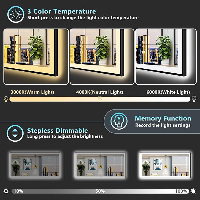 96x36 Black Framed LED Bathroom Mirror - Image 5