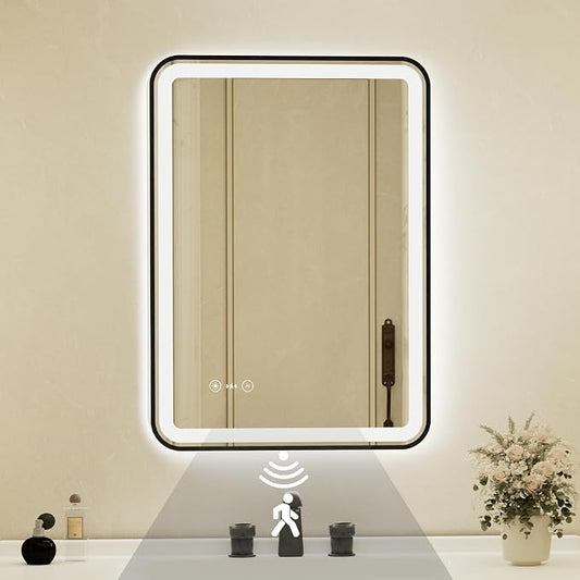 24x32 Inch Black Framed LED Bathroom Mirror by Unknown
