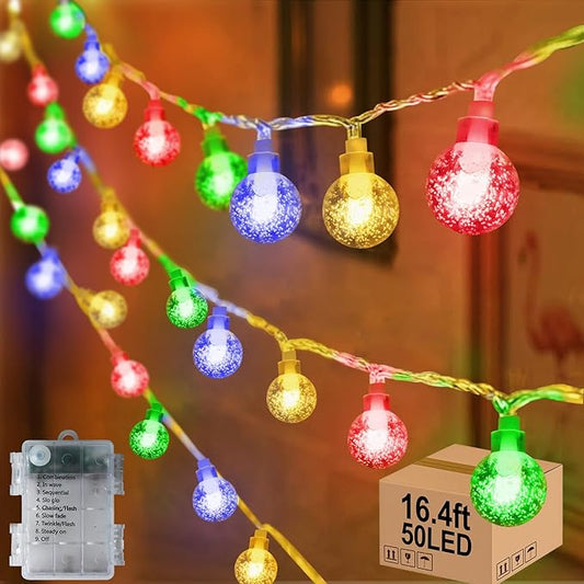16.4ft 50LED Globe String Lights Indoor Bedroom Battery Operated, Crystal Fairy Light IP44 Waterproof Outdoor Hanging Decorative Lights for Home Tent Patio Garden Party Wedding Decor