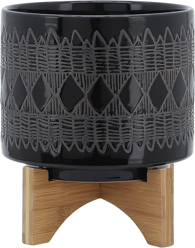 Sagebrook Home Black and Gray Aztec Design Ceramic Planter with Solid Rubberwood Stand for Tabletop Display in Living Room, Bedroom, or Office