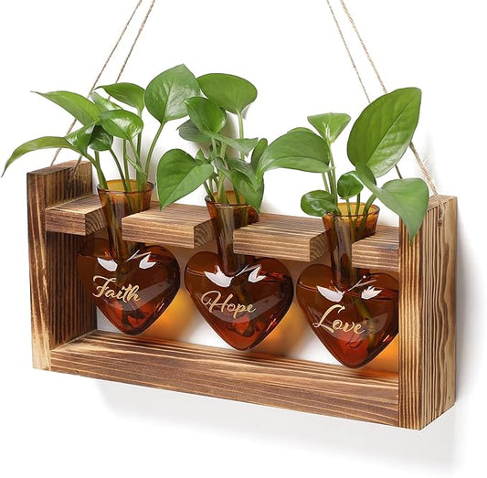 Plant Terrarium Propagation Stations Faith Hope Love Hydroponics Home Garden Decoration Gift for Women with Wooden Stand Heart Shaped Colored Glass Vase