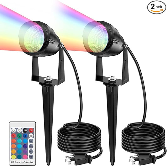 1500LM LED High Brightness Outdoor Landscape Lighting 15W RGBCW Color Changing Landscape Lights Remote Control Spot-Lights with Plug in IP66 Waterproof Flood Light for Garden - 2 Pack