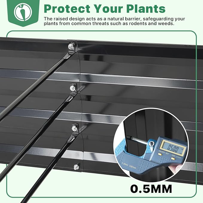 ONCEMORE Galvanized Raised Garden Bed for Vegetables Flowers Herbs, Metal Raised Garden Bed Kit with 2 PCS Tomato Cage, Gloves, Trellis Netting, Plant Labels, Plant Ties, Black 6×3×1FT