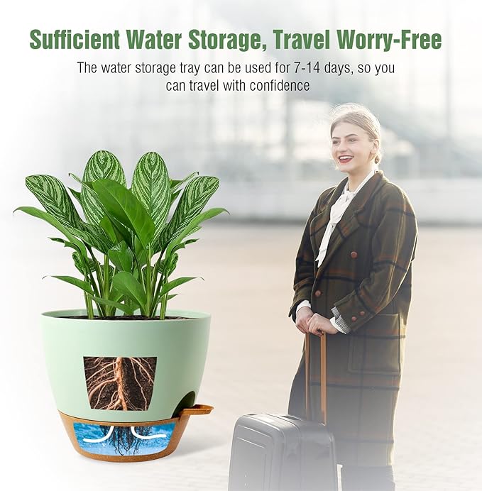 WOUSIWER 10 inch Self Watering Planters, 2 Pack Large Plastic Plant Pots with Deep Reservior and High Drainage Holes for Indoor Outdoor Plants and Flowers, Green with Terracotta