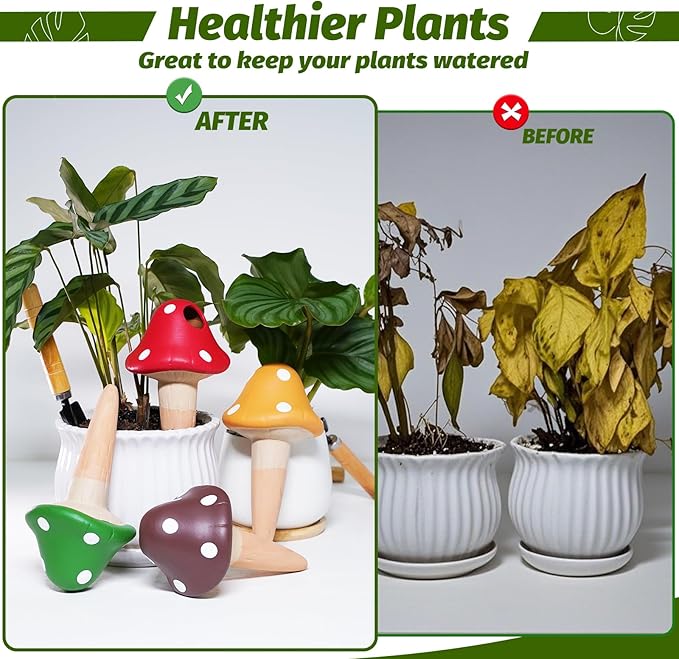 Terracotta Self Watering Spikes, 4 Pack Mushroom Self Watering Planter Insert, Vacation Plant Slow Release Watering Devices for Indoor Outdoor Plants, Colorful Large Water Globes