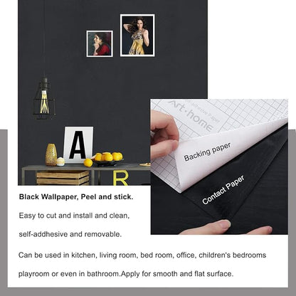 Arthome 11.8''x100'' Black Contact Paper, Self Adhesive Wallpaper Waterproof - Image 3