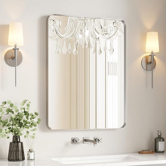 USHOWER Brushed Nickel Bathroom Mirror 24"x36", Rounded Corner, Aluminum Frame by USHOWER