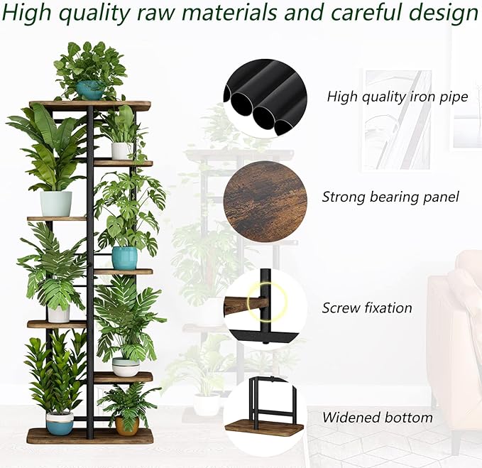 LINZINAR Plant Stand 7 Tier 8 Potted Multiple Flower Pot Holder Shelf Indoor Outdoor Planter Rack Storage Organizer for Patio Garden Corner Balcony Living Room (7 Tier-8 Potted, Black)