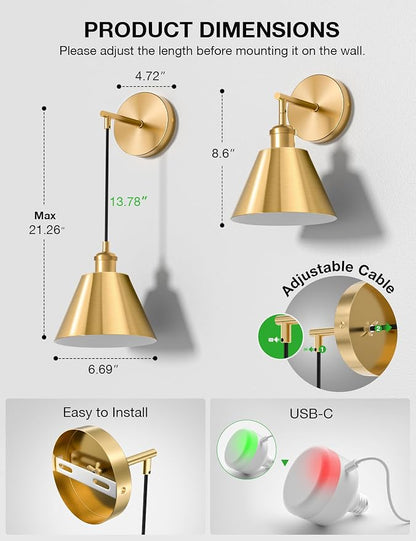 NIORSUN Brushed Gold Battery Operated Wall Sconce Set of 2, 5200mAh Dimmable - Image 8