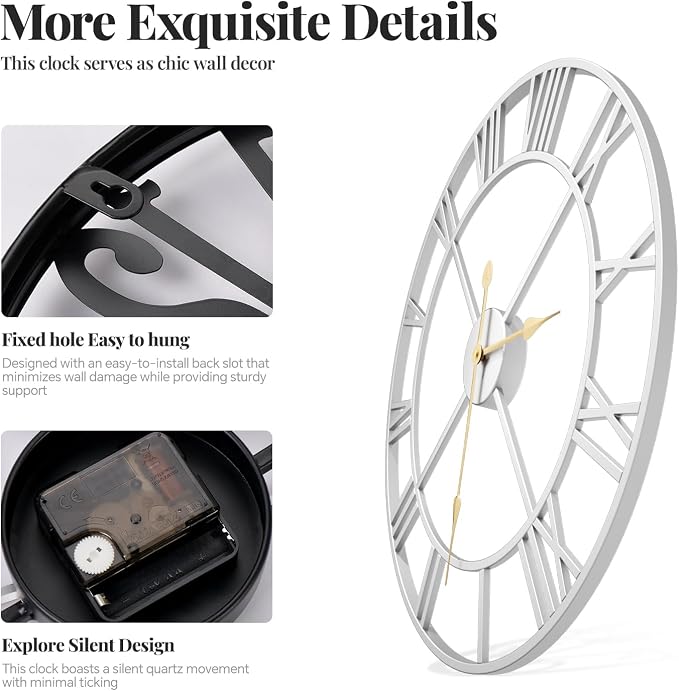 Cuspin 36 Inch Large Silver Wall Clock, Extra Large Silent Non Ticking Battery - Image 5