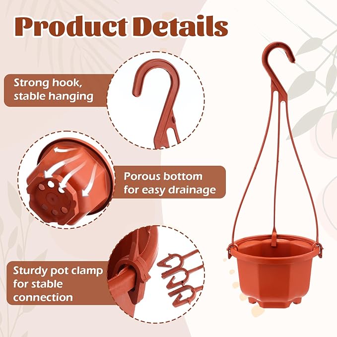 Roshtia 24 Pcs Hanging Plastic Planter Pot with Hook Flower Pots Baskets Hanging Nursery Planter Holder for Outdoor Indoor Plant Garden(Brown,3.7 Inch)