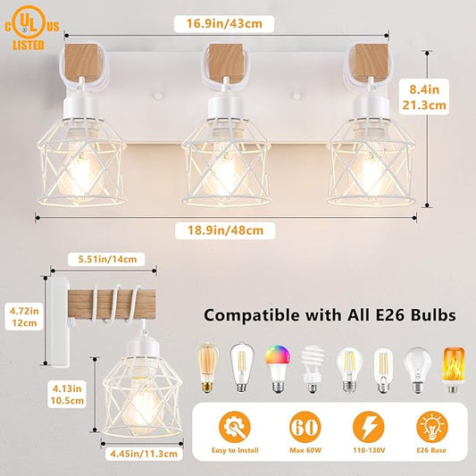 FadimiKoo 3-Light Farmhouse White Bathroom Vanity Light Fixtures, Rustic Wood - Image 2