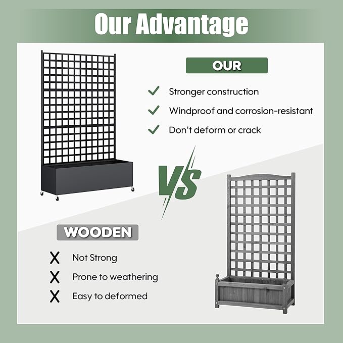 Metal Planter Box with Trellis Privacy Screen, Raised Garden Bed with Lattice Trellis & Wheels, Privacy Planters for Patio, Planter Box for Climbing Plants, Flower, 73"x 47"x 16", Black