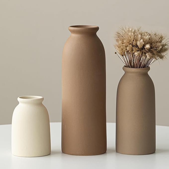 Ceramic Vase Set-3, Small Flower Vases for Decor, Modern Boho Farmhouse Style, Decorative Vases for Pampas Grass & Dried Flowers, Distressed Finish (Earth Tone)