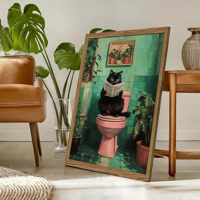 Funny Bathroom Cat Wall Art, Humorous Black Cat Restroom Wall Decor Paintings - Image 7