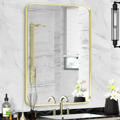 Gold Framed Bathroom Mirror, Brushed Gold Bathroom Vanity Wall Mirror, Rounded by Minuover