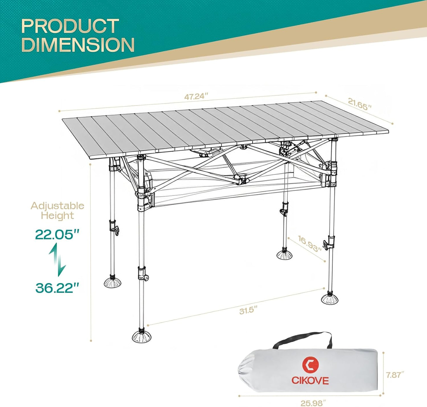 Height Adjustable Camping Table Tall Large Outdoor Folding Camping Table with Wide-Base Anti-Sink Legs & Carry Bag for Camping BBQ Beach Backyard (Black)