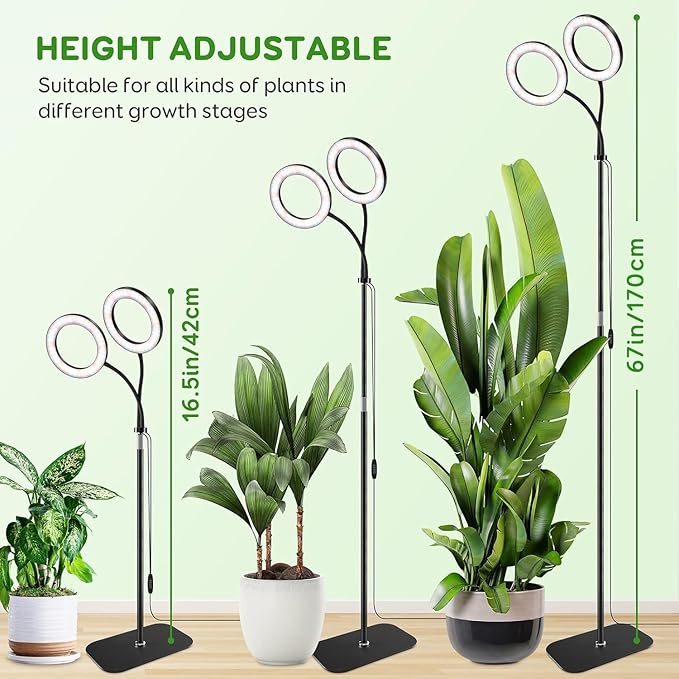 2 Head Grow Light for Indoor Plants,Full Spectrum LED Halo Plant Lights with Stand, Floor Standing Growing Lamp with Adjustable Height,Auto Timer,Dimmable Brightness for Tall Large Plant