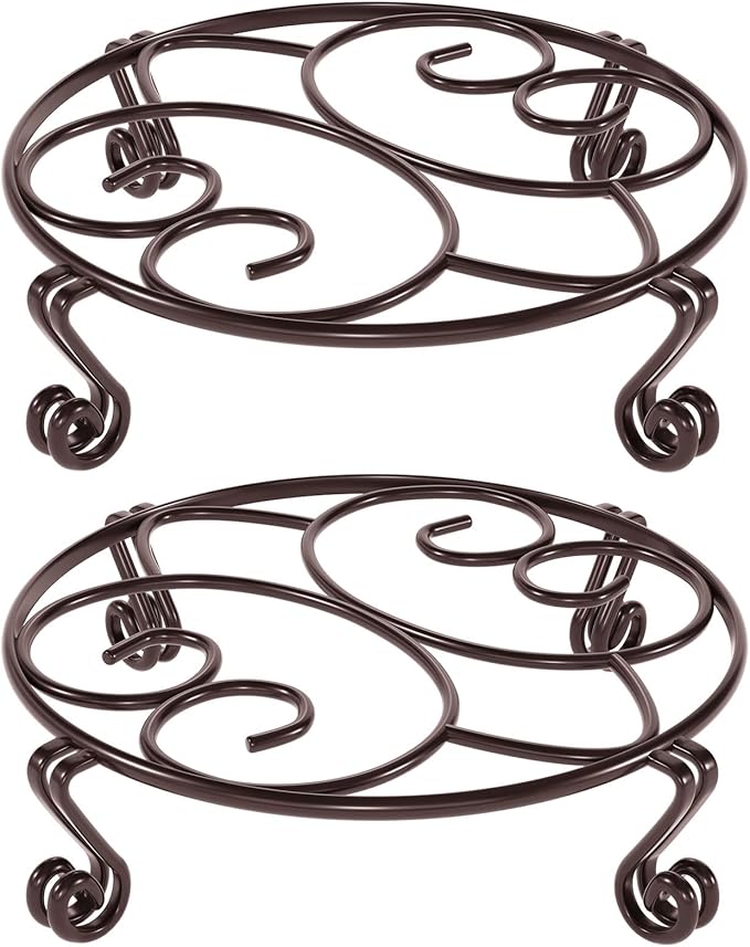 Yimobra 2 Pack Plant Stand for Flower Pot Heavy Duty Potted Holder Indoor Outdoor Metal Rustproof Iron Garden Container Round Supports Rack for Planter Bronze, Brown, 9.4 Inches