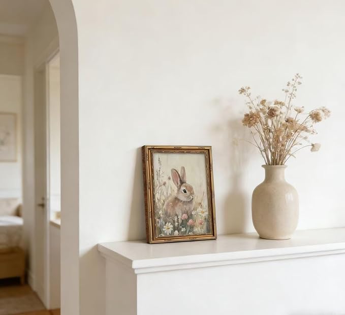 Vintage Gold Framed Easter Bunny Wall Art Spring Rabbit and Wildflowers - Image 6