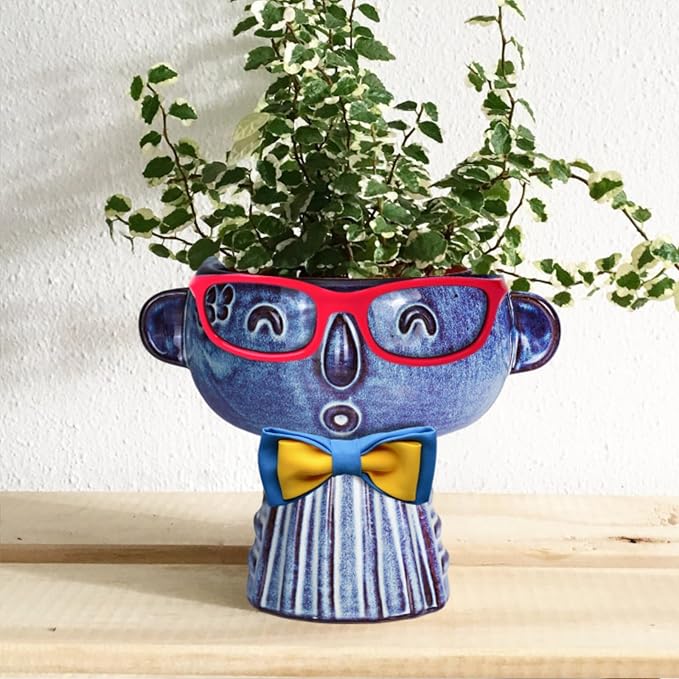 Planter, Ceramic Cute Face Flower Pot Head, Indoor Outdoor, Drainage Hole, 7x5x6 inches, Light Blue