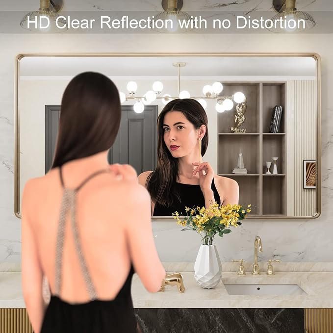 LOAAO 50”X30” Gold Bathroom Mirror, Rounded Rectangle Gold Frame Mirror - Image 2