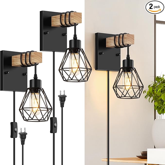 Lomoky Plug in Wall Sconces Set of Two, Vintage Wood Wall Lamps by Lomoky