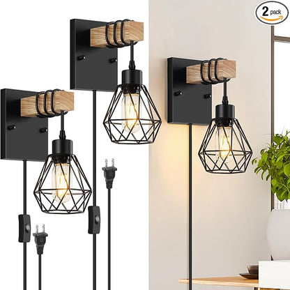 Lomoky Plug in Wall Sconces Set of Two, Vintage Wood Wall Lamps by Lomoky