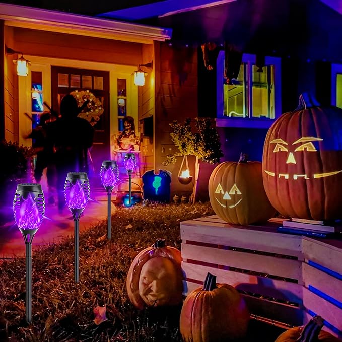 12-Pack Solar Lights Outdoor Waterproof,Halloween Decorations Solar Tiki Torches with Flickering Flame (Upgraded Super Bright),Halloween Solar Lights for Outside Patio Yard Porch Garden Decor （Purple）