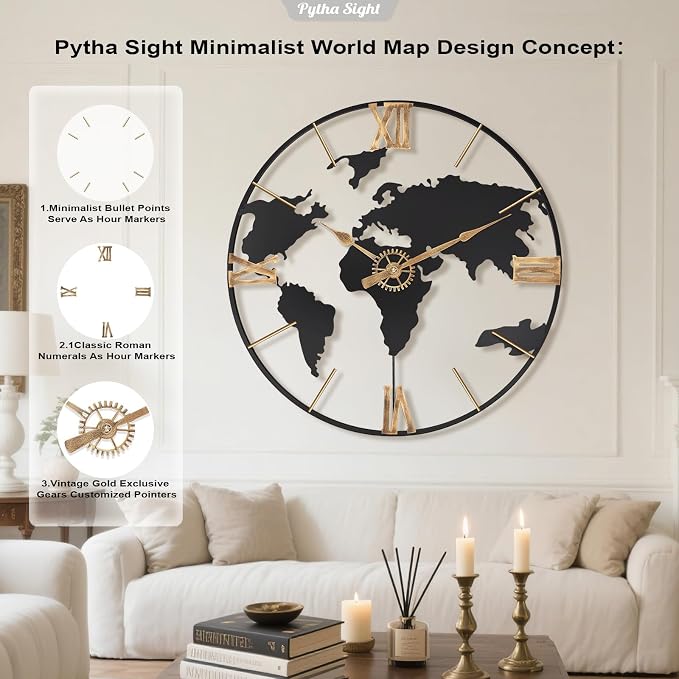 Pytha Sight 24 Inch Large Wall Clock, Modern Decorative Big World Map - Image 3