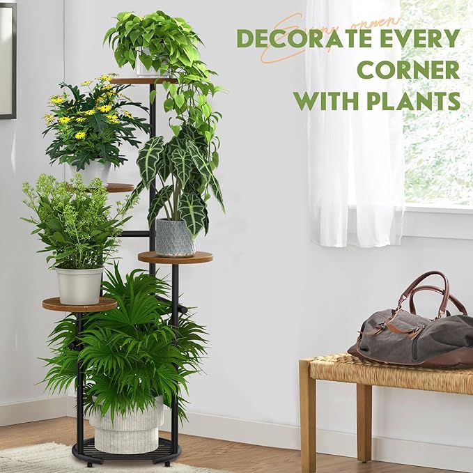 TOSKING 5 Tier Metal Plant Stand Indoor， Plant Shelf, Corner Shelf Flower Pot Stand for Outdoor Plant Stand for Living Room Balcony Garden Patio Bedroom (Black and Brown, 42in)