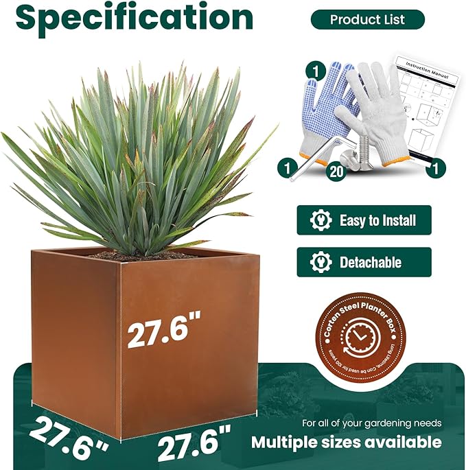 Corten Steel Planter Metal Square Planter Tall Cube Rustic Steel Planters 27.6 Inch Durable Antique Detached for Outdoor Commercial Residential Garden Patio Deck and Backyard