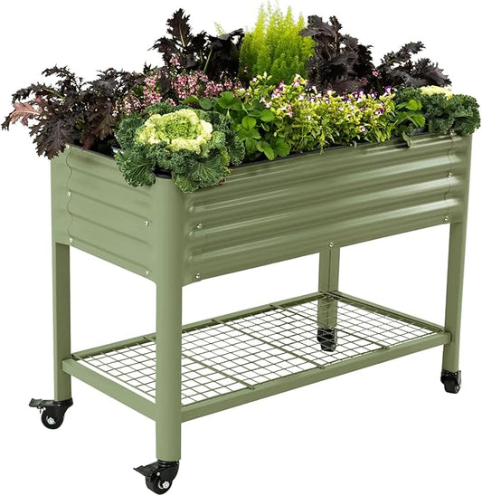 Rolling Elevated Raised Garden Bed-V Series, 2' x 4' Garden Beds with Legs & Storage Rack for Patio & Porch, 700 Lbs Weight Capacity, Outdoor Planter Box for Vegetables Flower Herbs, Olive Green