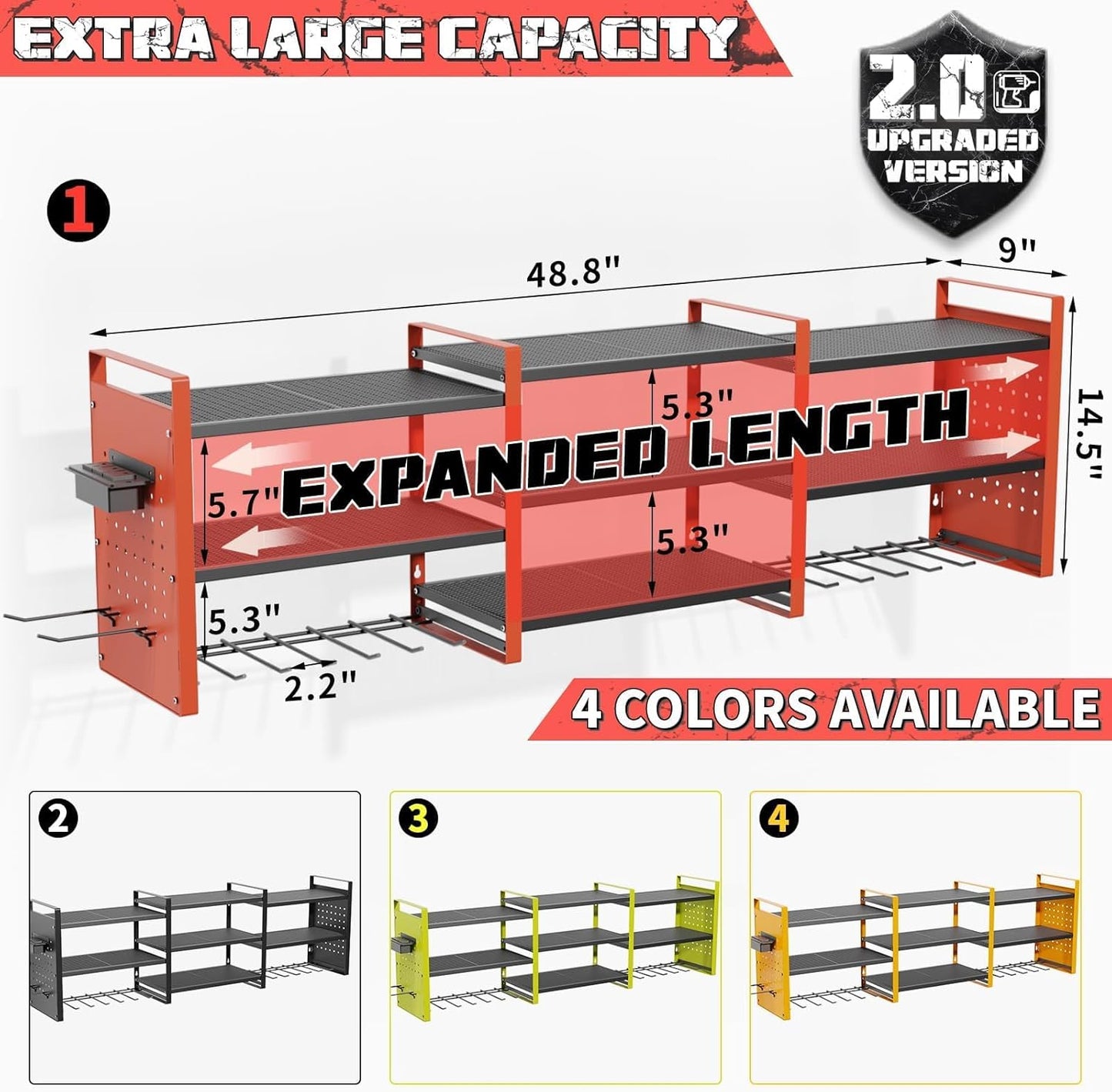 Power Tool Organizer with Charging Station Wall Mount, 3 Layer Expanded Heavy Duty Garage Organization, 48.8 Inch Length Garage Tool Storage, 4 Drill Slot, 16" Standard Hole, Red