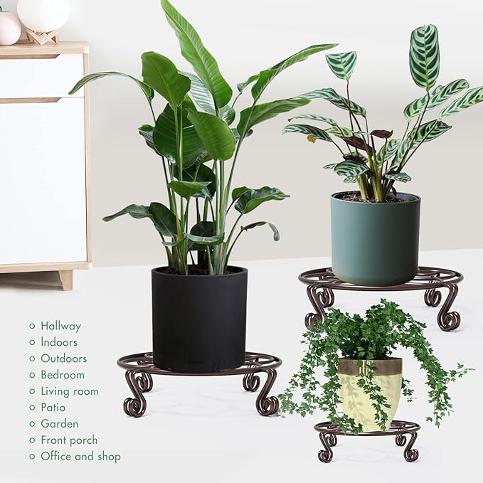 Yimobra 4 Pack Plant Stand for Flower Pot Heavy Duty Potted Holder Indoor Outdoor Metal Rustproof Iron Garden Container Round Supports Rack for Planter (4PC Brown 11.8 x 3.1IN)