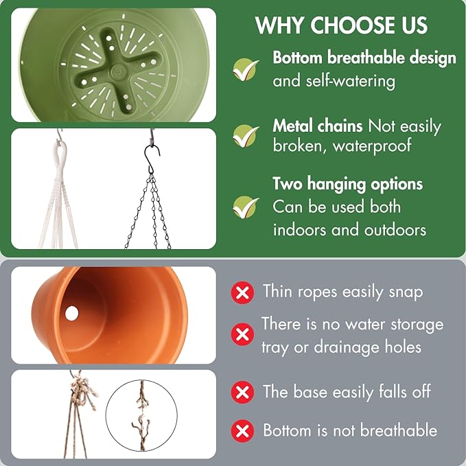 10 Inch Hanging Planters for Indoor Plants,Set of 2 Hanging Pots for Plants with Self-Watering, Outdoor Hanging Plant Pot with Drainage and 2 Kinds of Hanging Baskets Hangers for Home Decor and Garden