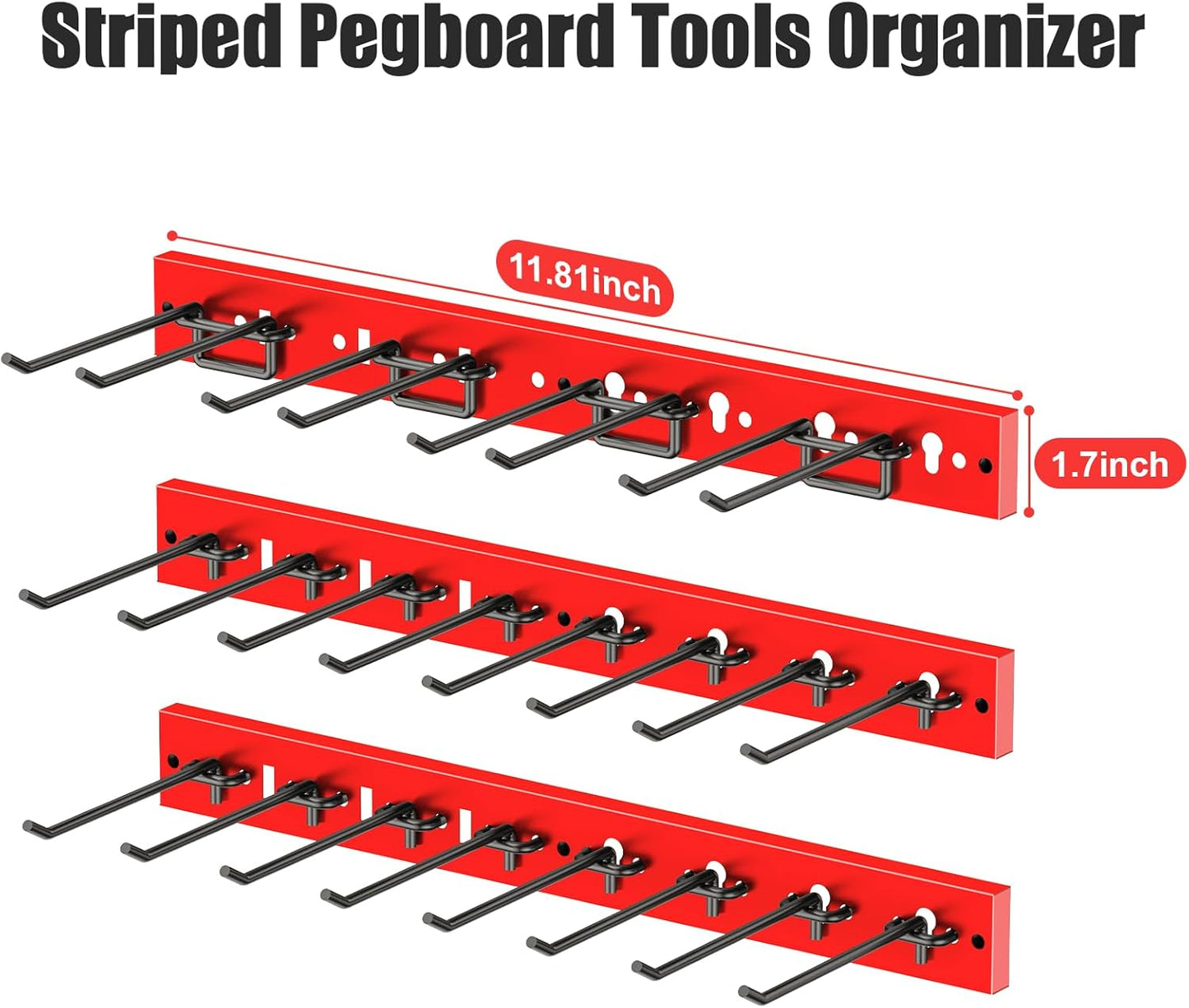 CCCEI 3 Modular Pegboard Strip Storage, Metal Peg Slat Wall Mount for Garage, Basement, Garden, Laundry Room Organization. Flexible Tool Organizer for Rake, Shovels, Crafting. Gifts for Men, Red.
