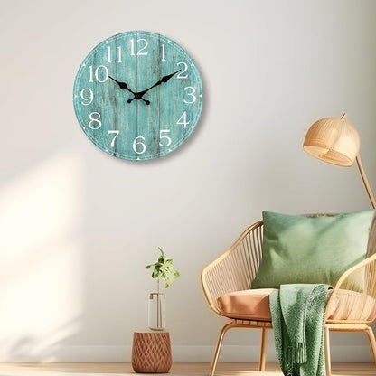 Wall Clock, Teal Silent Non-Ticking Battery Operated, Kitchen Rustic Vintage - Image 3