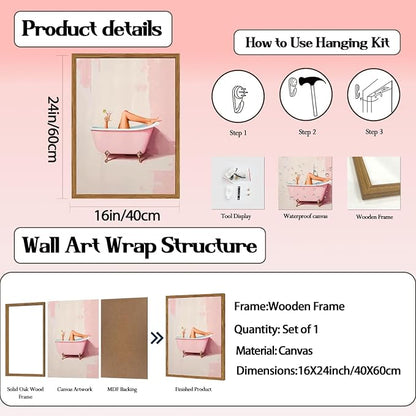Funny Pink Girl Bathroom Wall Art, Cute Girly Bathtub Wall Decor Painting - Image 3