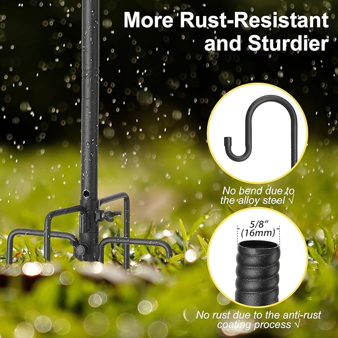 Heavy Duty Shepherd Hooks for Outdoor Decor, 62 Inch Tall Garden Hooks for Hanging Plants, Lanterns, Bird Feeders – Rust-Resistant Steel, Sturdy 5 Prongs Base – Black