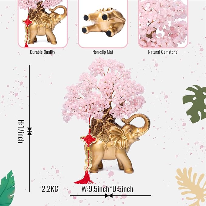 Rose Quartz Crystal Money Tree on Gold Elephant Statue, 17”Large Gemstone Bonsai Tree of Life Home Décor Gifts for Wealth Positive Energy, Feng Shui Décor