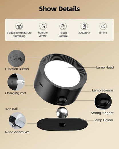 LED Wall Mounted Lights, Rechargeable Wall Sconces Lamp, 3 Color Temps & Remote - Image 7