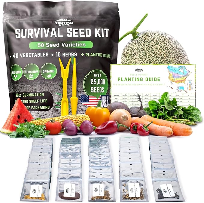 50 Vegetable & Herb Seeds Variety Pack - 25,000 Seeds - Long-Term Storage - Non-GMO Heirloom Open-Pollinated Gardening Seeds for Planting Vegetables & Herbs - Waterproof Packaging